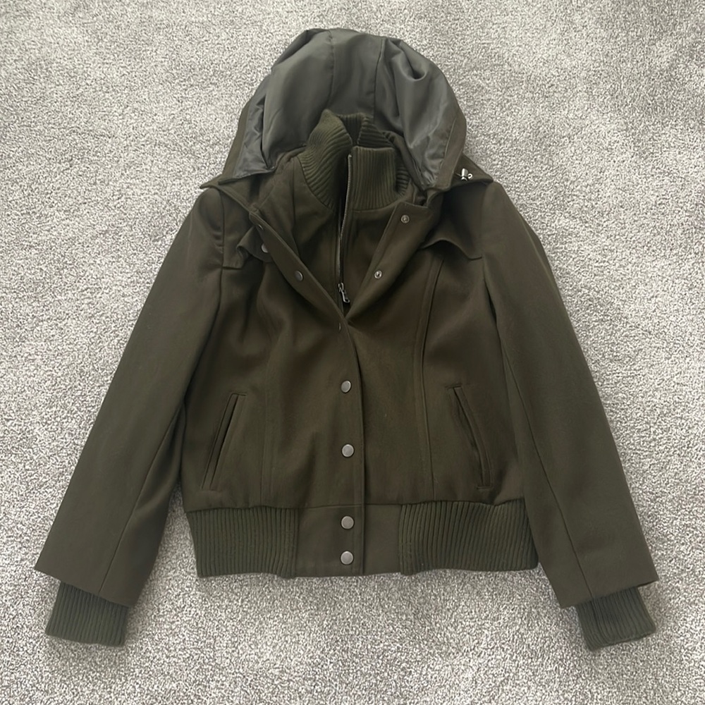 New York & Company Hunter Green wool blend zip hooded jacket coat Sz 14 Bomber